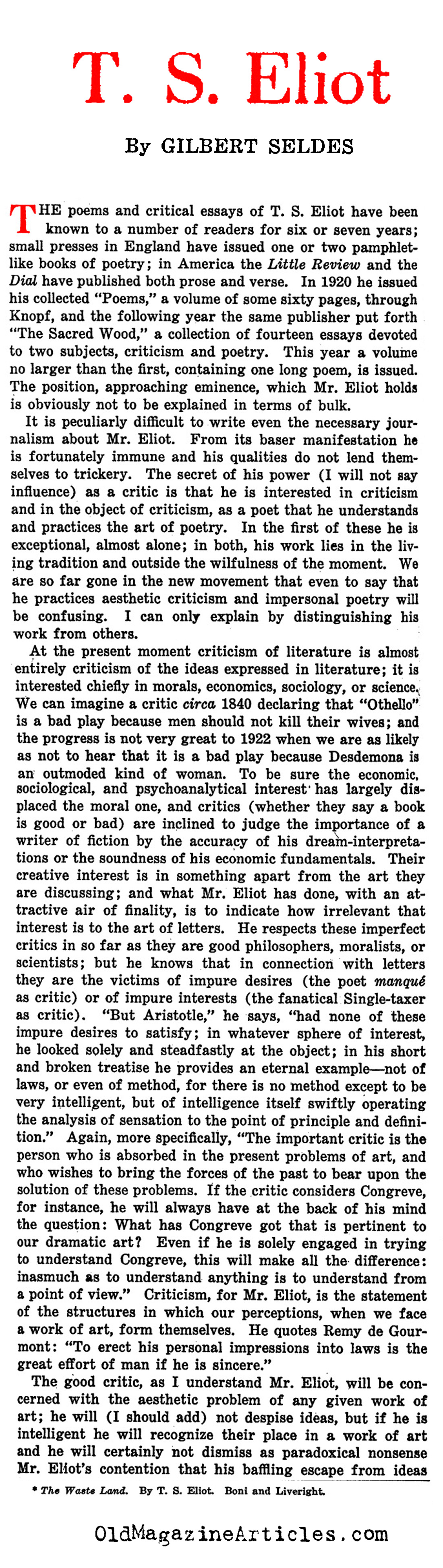 Reviewed: <em>The Waste Land</em> (The Nation, 1922)